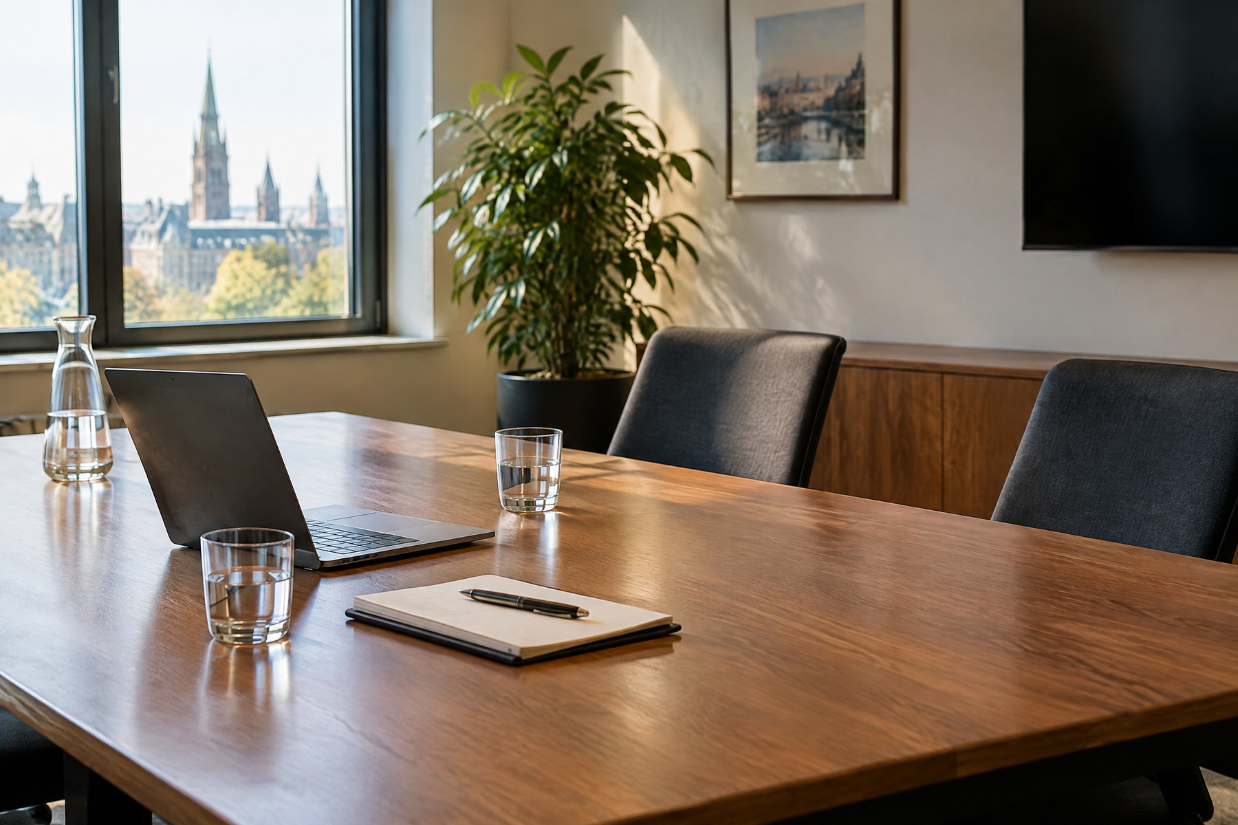 A meeting table prepared for a business conversation
